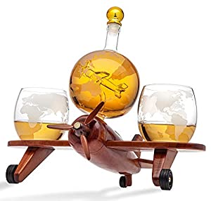 Godinger Whiskey Decanter Airplane Globe Set with 2 World Whisky Glasses